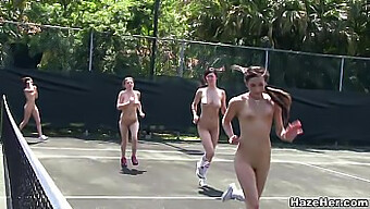 Lesbian Coeds Take Turns On The Tennis Court