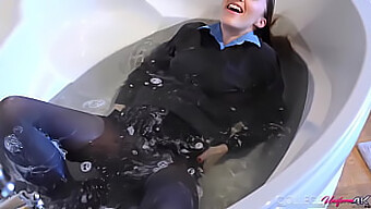 Beautiful Girl With Natural Big Boobs And A Sexy Hourglass Shape Takes A Bath In Her New College Uniform.