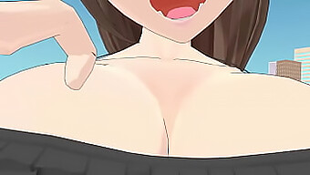 巨乳の女性が小さな男性を舐める